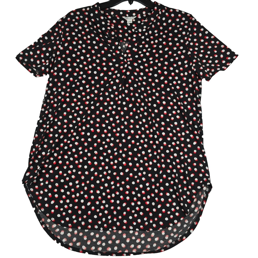 Cato Womens Medium Black Red White Polka Dot Short Sleeve V-Neck Blouse Top